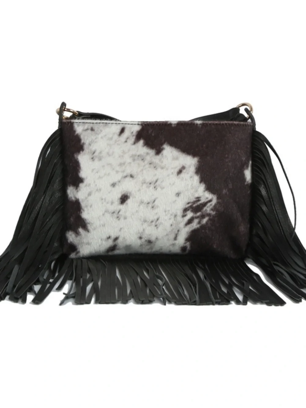 Fringed Calf Hair Cow Printed Crossbody Bag in Cream & Brown w/ Black Strap
